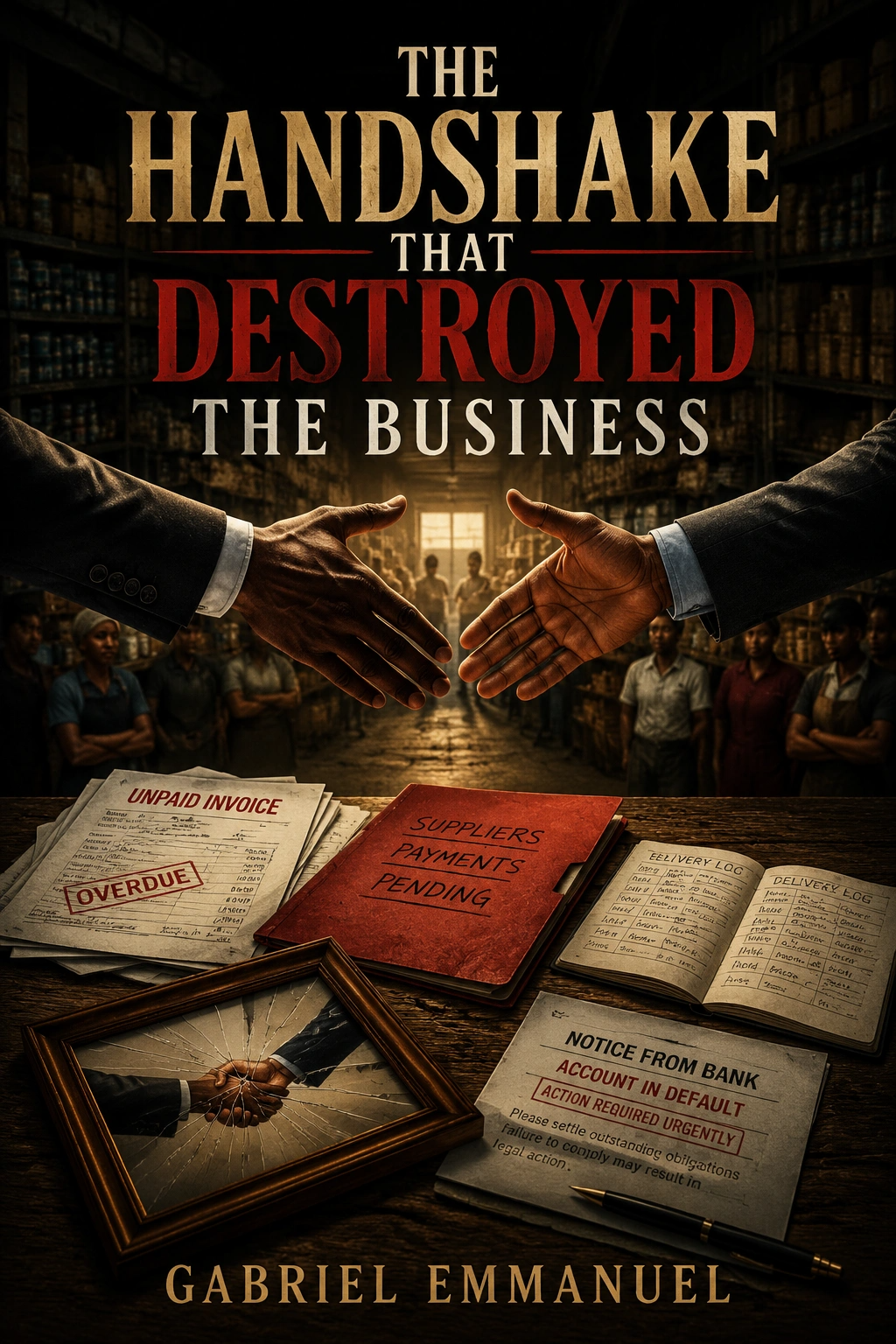 Cinematic cover art for The Handshake That Destroyed the Business, a business lessons Navirella book